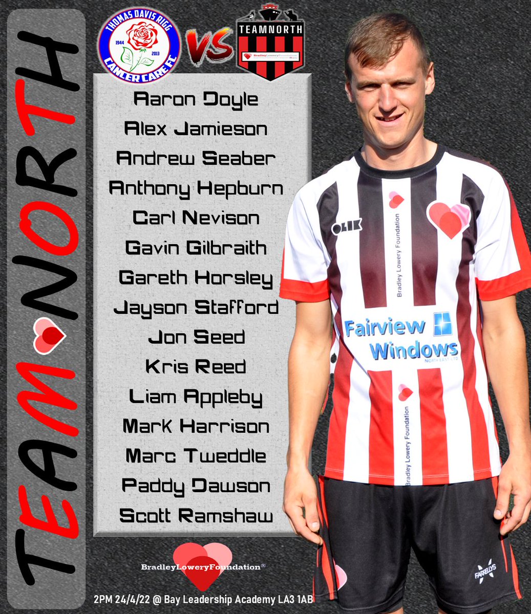 Squad announcement for this months match against <a href="/CancerCareFcLa1/">CancerCare FC</a> supporting <a href="/Bradleysfight/">Bradley Lowery Foundation</a>  ... even the gaffer <a href="/toonfundraiser/">Gaz Horsley</a>  will have his boots on ! <a href="/reign_chef/">Anthony Hepburn</a> <a href="/CarlNevison/">Carl</a> <a href="/ScottRamshaw/">Scott Ramshaw</a>