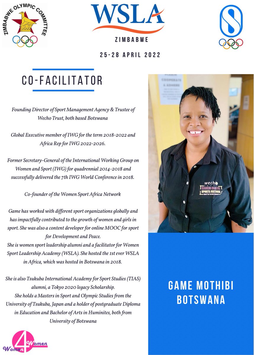 Super proud to partner with the Zimbabwe Olympic Committee to deliver the Women Sport Leadership Academy Zimbabwe 2022 under the patronage of University of Chichester
Introducing a dynamic woman, Game Mothibi, one of the two Co-Facilitators for the programme. 
#womeninsport #lead