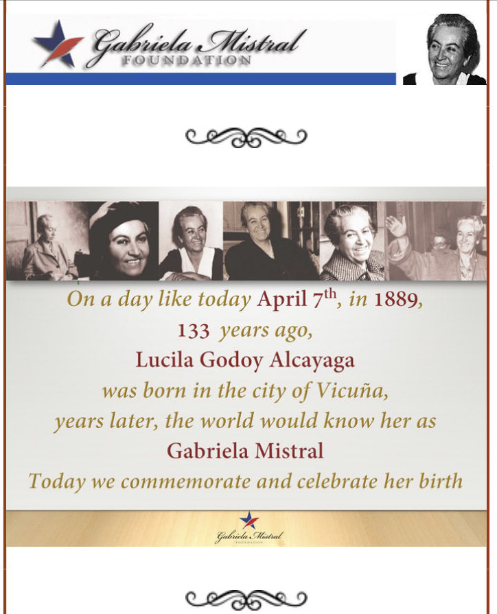 gmfusa1's tweet photo. 📌On a day like today 133 years ago, in 1889,  Lucila Godoy Alcayaga was born in the city of Vicuña. This little girl is known to the world as Gabriela Mistral. ⁦@gmfusa1⁩ celebrates Mistral, her life &amp; her work. ⁦@culturas_cl⁩ ⁦@dicoex⁩ ⁦@Minrel_Chile⁩ https://t.co/4lYd7GZdmW
