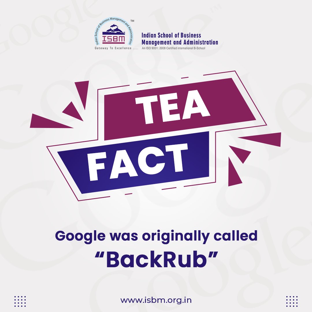 isbma's tweet photo. Another Business Fact to be amazed about.
Can you imagine someone saying, “Let me just BackRub that for you?”
It was called BackRub back in 1996 but the name barely lasted a year as founders Larry Page and Serge Brin shortly trademarked the name 'Google.
#isbm #isbma #teafact https://t.co/TVbPtU5wSa