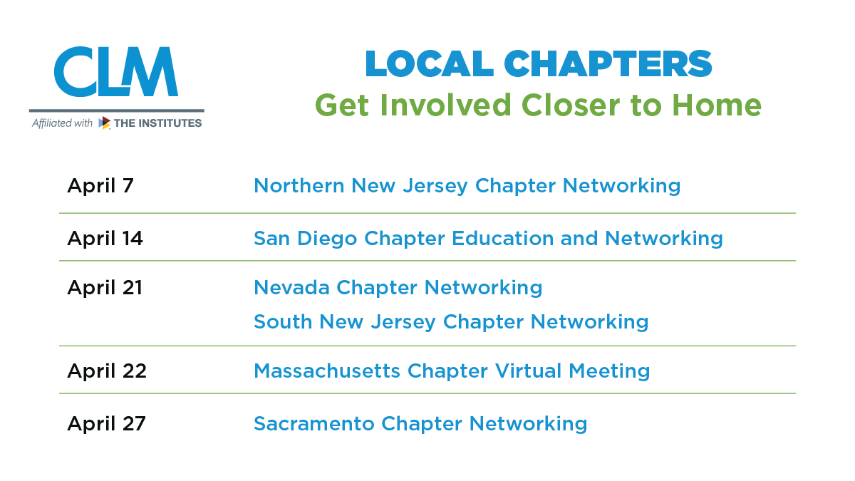 TheCLMalliance's tweet photo. No better time to interact and network with other #ClaimsManagement and #LitigationManagement professionals in your own community! Learn more about these April #CLMChapter events and get involved at no cost: https://t.co/ymOJrDosfO https://t.co/0w3CmHju5u