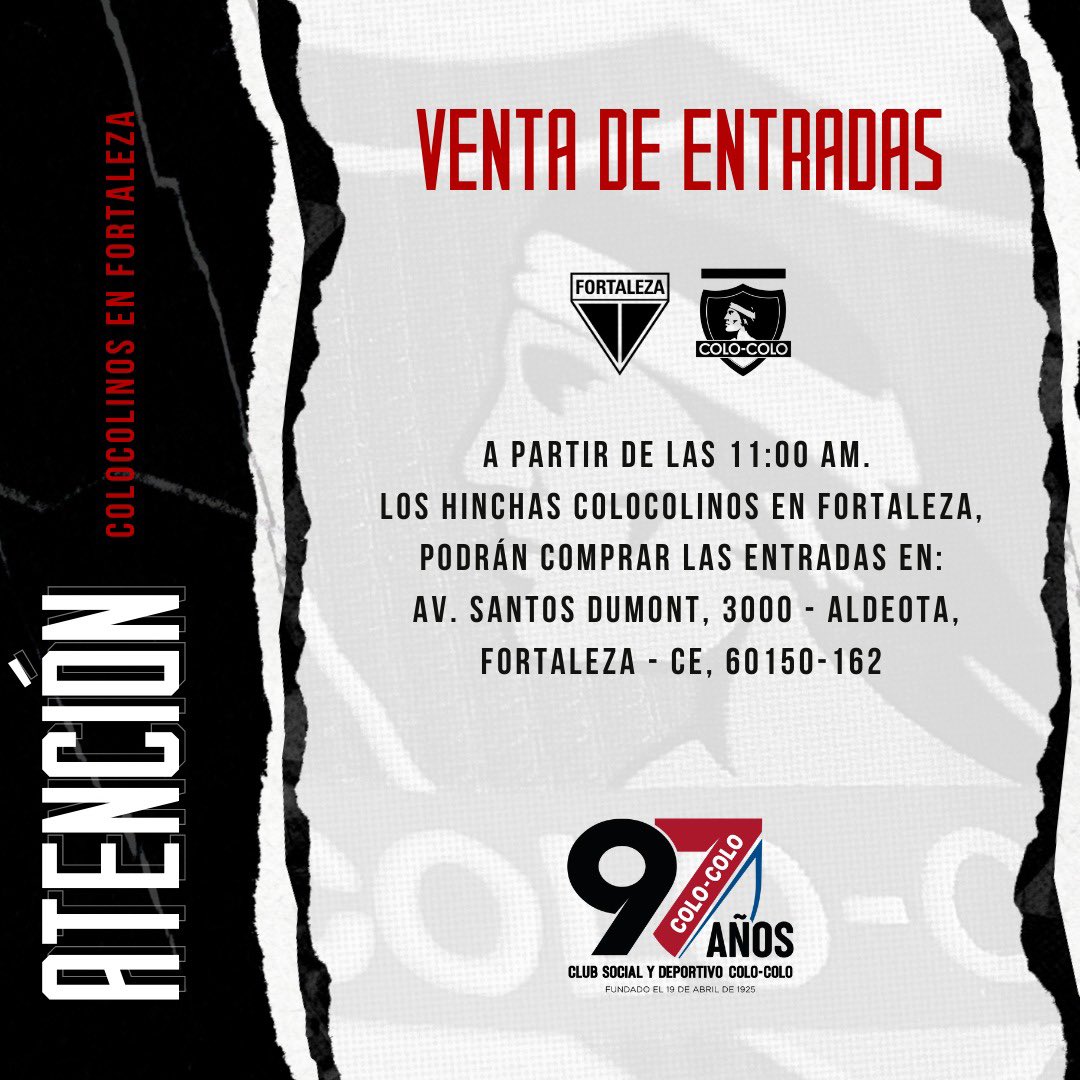 CSDColoColo's tweet photo. 𝐀𝐓𝐄𝐍𝐂𝐈𝐎́𝐍 ⚠️

👀 Información importante sobre la venta de entrada para los socios e hinchas de Colo-Colo que asistirán al partido contra Fortaleza en Brasil 🇧🇷

¡Ayúdanos a difundir! 🙌🏽

#ElMesMásColocolino 
#AMorirPorElColo https://t.co/2TtGhZ9Ta0