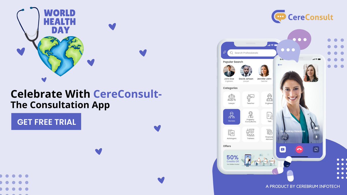 cerebruminfotec's tweet photo. On this #WorldHealthDay, we urge you all to make health your priority. Thanks to apps like #CereConsult, doctors & fitness experts can transform the lives of millions through econsultation!
https://t.co/vc2f8C0wxQ
#HealthierTomorrow #consultationapp #healthday #HealthIsWealth https://t.co/nYdnco8b7f