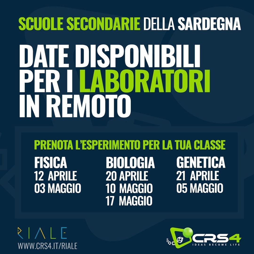 crs4research's tweet photo. Sono ancora disponibili alcune date per partecipare in modalità sincrona ai #laboratori offerti dal progetto #RIALE per le scuole secondarie della Sardegna.
Per info visitate il sito https://t.co/kF5mQ2BlVB oppure inviate una email a riale@crs4.it
#fisica #biologia #genetica https://t.co/AYP5lxWi9Y