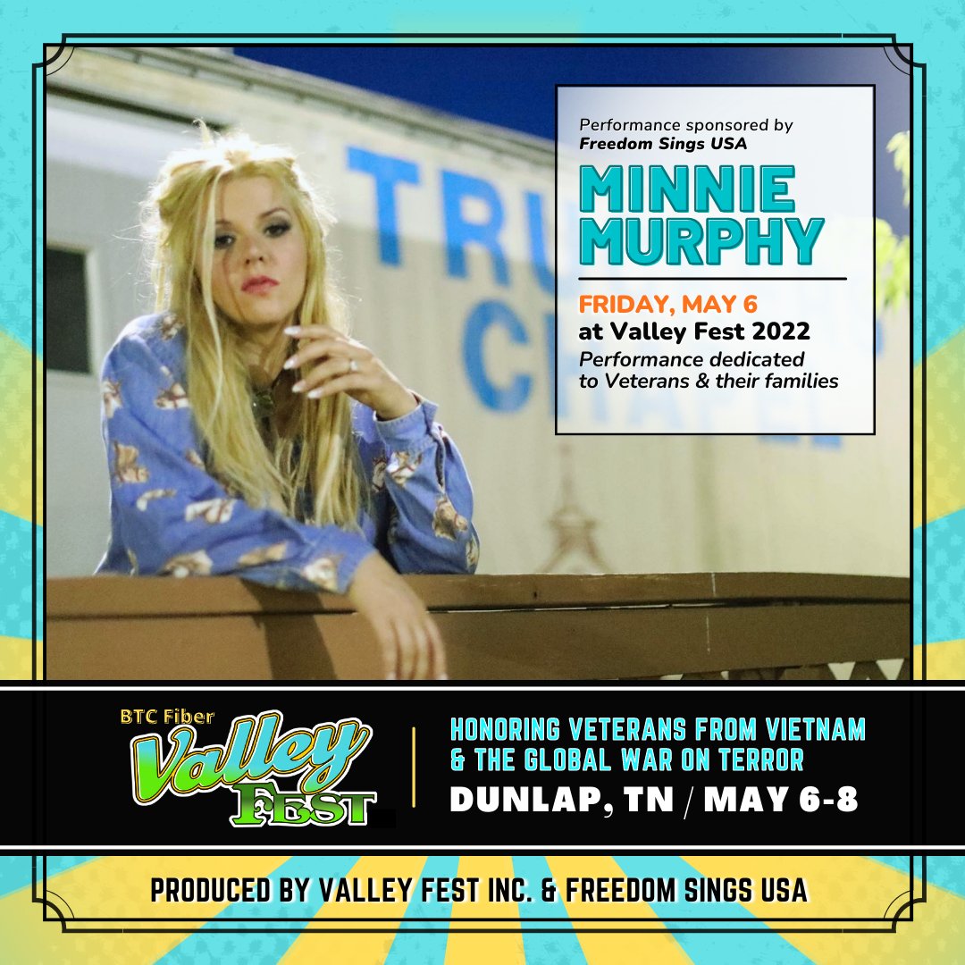 Minnie Murphy w/ Steve Dean and Billy Crain - Plus Headliners Charlie Daniels and Donovan Chapman - Appearing at Valley Fest - Day 1 / Friday, May 6 - Honoring #Veterans from Vietnam &amp; The Global War on Terror
freedomsingsusa.org/events/valley-…