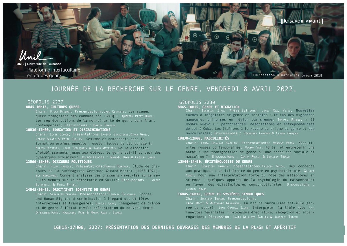 Rendez-vous demain 8 avril à la PlaGe, Université de Lausanne
Merci à Mirko Bischofberger et l'équipe de production du film "Katrina's Dream" pour la photo d'illustration du poster!