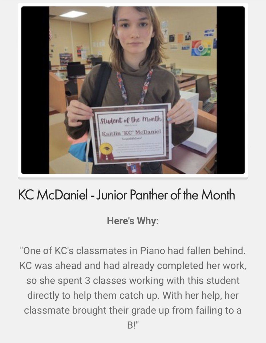 PelionOrchestra's tweet photo. Congrats to one of my piano students for being awarded the Junior Student of the Month for helping one of her piano classmates bring their grade up from failing to a B for Quarter 3! 
#ArtsMatter https://t.co/nM4eqFgidQ