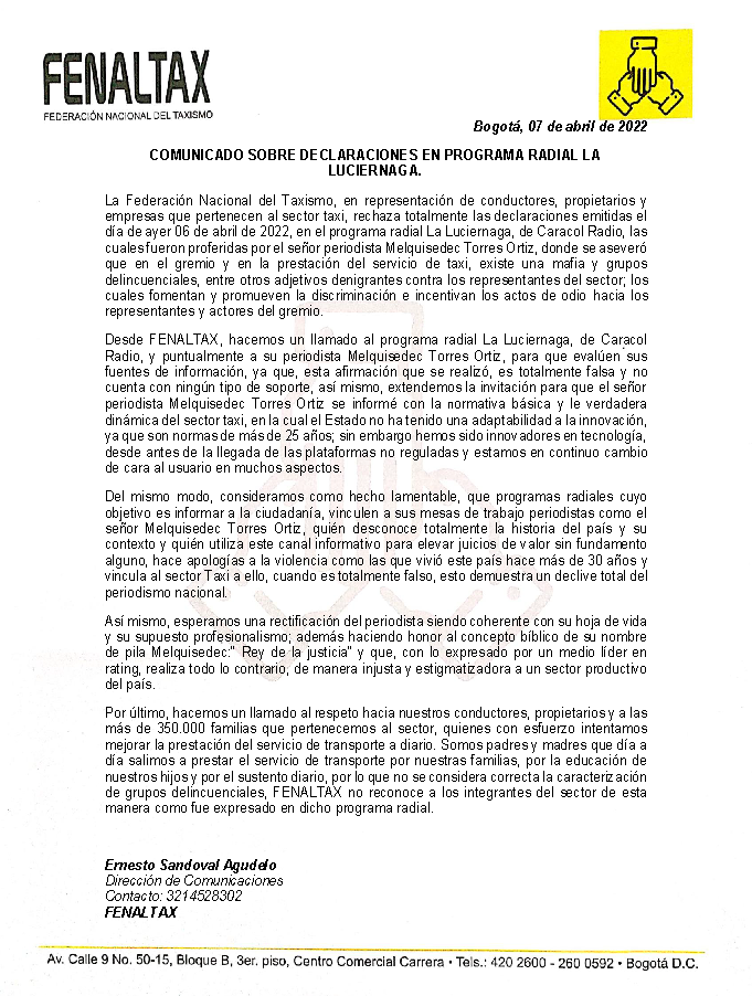 COMUNICADO SOBRE DECLARACIONES EN PROGRAMA RADIAL LA
LUCIERNAGA <a href="/LaLuciernaga/">La Luciérnaga</a> <a href="/gabodelascasas/">Gabriel Delascasas E</a> <a href="/MinTransporteCo/">MinTransporte</a> <a href="/SectorMovilidad/">Movilidad Bogotá</a> <a href="/felipe_ramir/">Felipe Ramírez</a> <a href="/paboncamilo/">Camilo Pabón-Almanza</a> @caracolradio