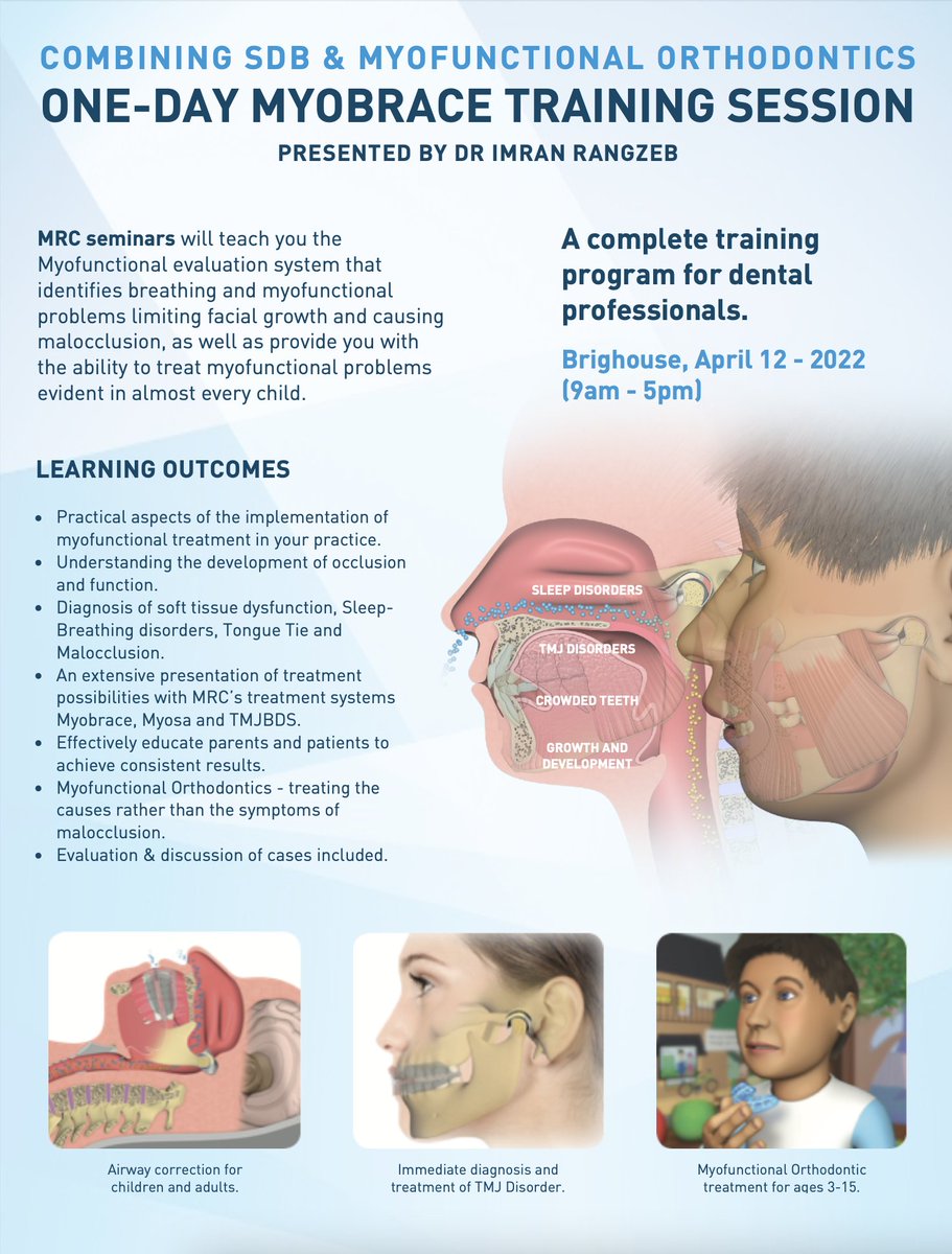 TownHall_Dental's tweet photo. Book your place on to a ONE-DAY MYOBRACE TRAINING SESSION with Dr Neils van der Valk & Dr Imran Rangzeb.
For more information and registration details please email: info@myoresearch.nl
Website: https://t.co/397gbRADLD
#Myobrace #Myofunctional #Orthodontics #dentistry @Myobrace https://t.co/VYN0ZO9Shp