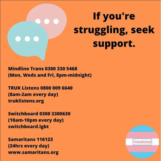 TransActualUK's tweet photo. If you're struggling, seek support. 
Mindline Trans 0300 330 5468 (Mon, Weds, Fri 8pm-midnight)
TRUK Listens 0800 009 66 40 (8am-2am every day) https://t.co/T85KuYHOvc
Switchboard 03003300603 (10am-10pm every day) https://t.co/rx9AGdR131
Samaritans 116123 (24hrs every day) https://t.co/qD3Stktqmv