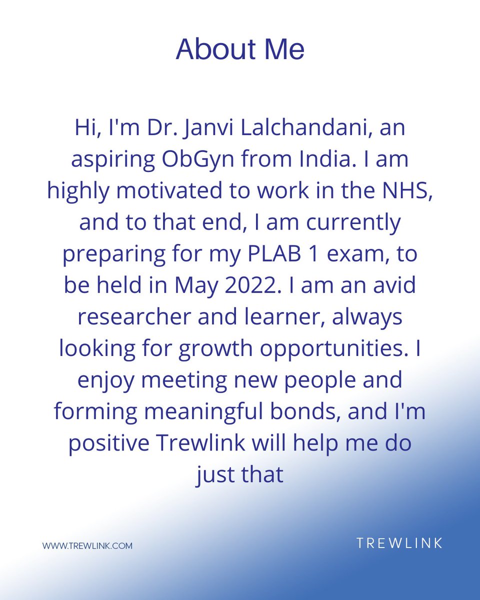 LinkTrew's tweet photo. Dr. Janvi Lalchandani is grateful to be part of the Trewlink community as she is an avid researcher and learner, always looking for growth opportunities. #successstories #nhscareer #UKjourney #trewlink #NHS #gmcreg #IMG #imgs #UKJobs #doctor #doctorslife #nhscareers #successtips https://t.co/6CUbvMmT6W