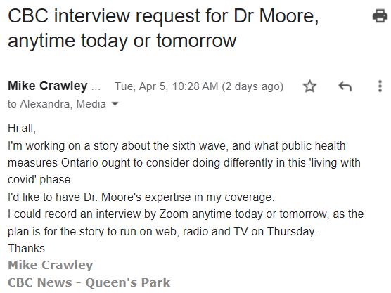 MikeCrawleyCBC's tweet photo. I requested an interview with Ontario's chief medical officer of health Dr Kieran Moore two days ago, offering to talk anytime Tuesday or Wednesday. 

Got a reply just now from @ONThealth media relations that he is "not available this week" but that I should check next week. https://t.co/lCZedcZ5hO