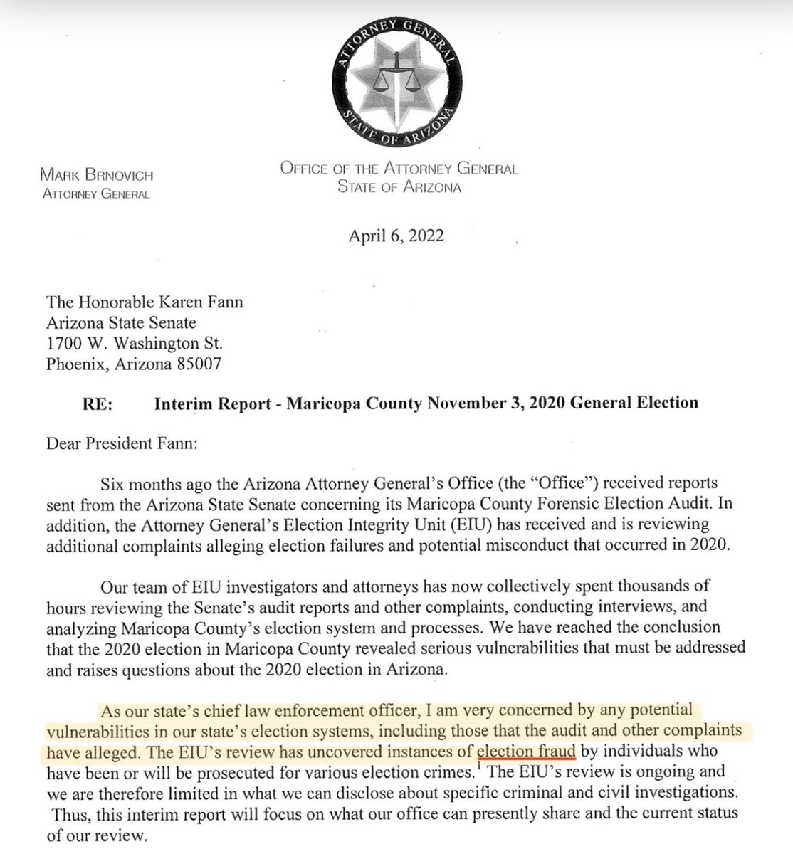 AZGOP's tweet photo. Read it for yourself https://t.co/gFs6nOMnyK Arizona Attorney General releases interim report on Arizona Audit. Fraud was committed. Now justice must be served. #AmericasAudit https://t.co/d4daVcxFfE