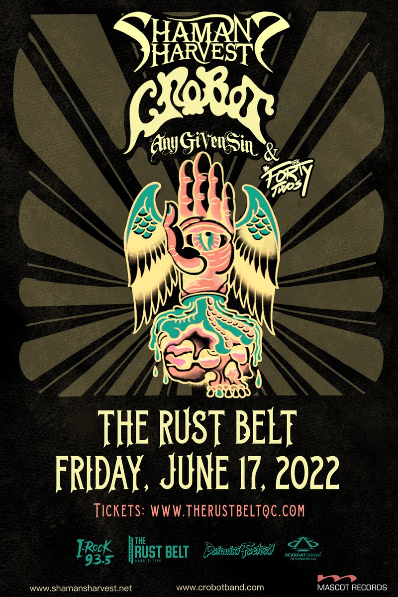 🚨 New Show Announcement 🚨

 <a href="/shamansharvest/">Shaman's Harvest</a>   &amp;  <a href="/Crobotband/">Crobot</a>  
with  <a href="/anygivensinband/">Any Given Sin</a>  &amp;  <a href="/thefortytwos/">The Forty Twos</a>  

📆 -- > Friday, June 17
🎟️ --> bit.ly/3r7lOwV

Tickets go on sale tomorrow at 10 AM!