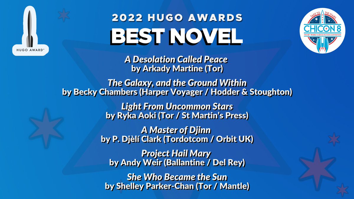 chicagoworldcon's tweet image. 2022 Hugo Award Finalists for Best Novel
@ArkadyMartine, @ryka_aoki, @pdjeliclark, @andyweirauthor, @shelleypchan 

#HugoAwards
#ChicagoWorldcon