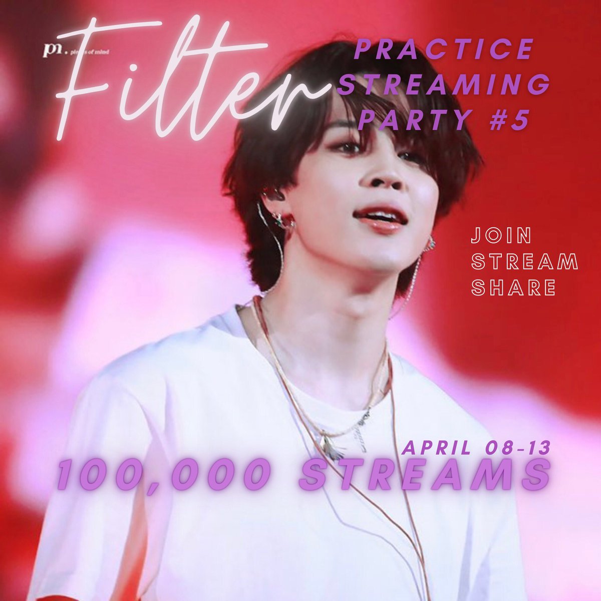 🎧 FILITER PRACTICE STREAMING PARTY #5

⏰April 08 at 12AM (5 days) 

🎯100,000 streams

Link: ren.fm/r91ym14PPQtFwp…

Stream Filter focused playlists, stream properly and don’t loop!

TEAM JIMIN LET’S MAKE THIS PARTY A SUCCESS 💙 
#OurBluesJiminOST 
#JIMINOSTisComing