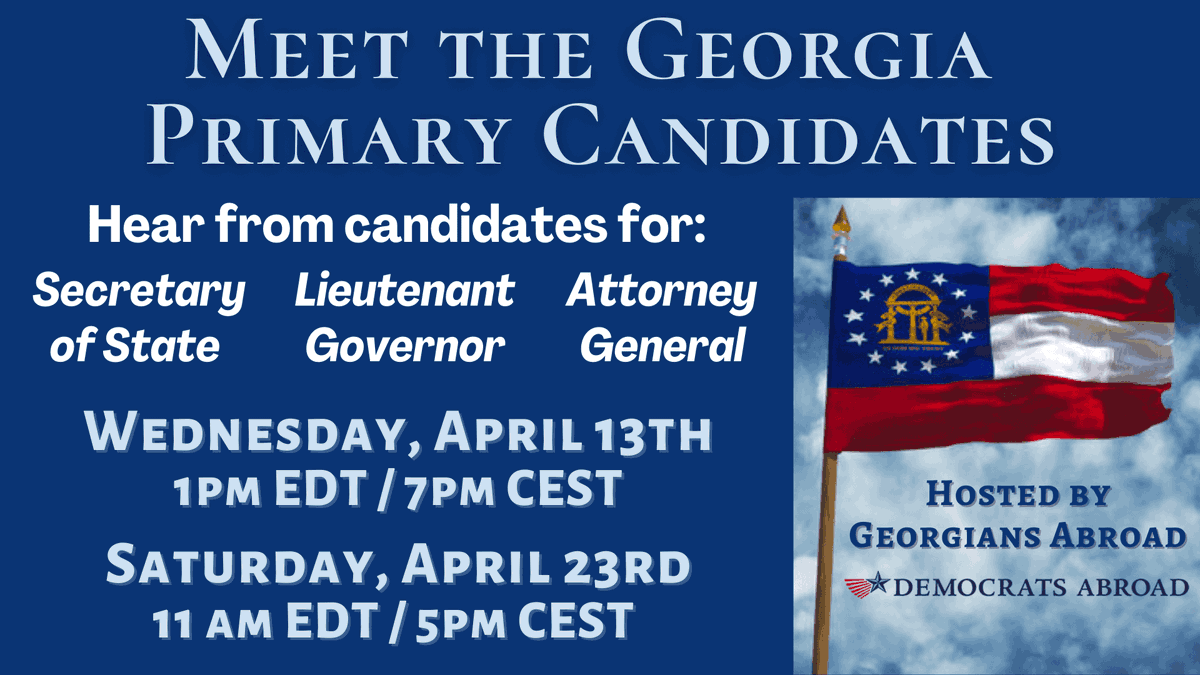 DemsAbroadGBC's tweet photo. Georgians Abroad Listen up!
RSVP TO MEET YOUR CANDIDATES...
https://t.co/xdQjGUplVr
#GeorgiansAbroad #DemsAbroad #VoteFromAbroad #MeetTheCandidates #StateTeams https://t.co/YPDtYAOh4r