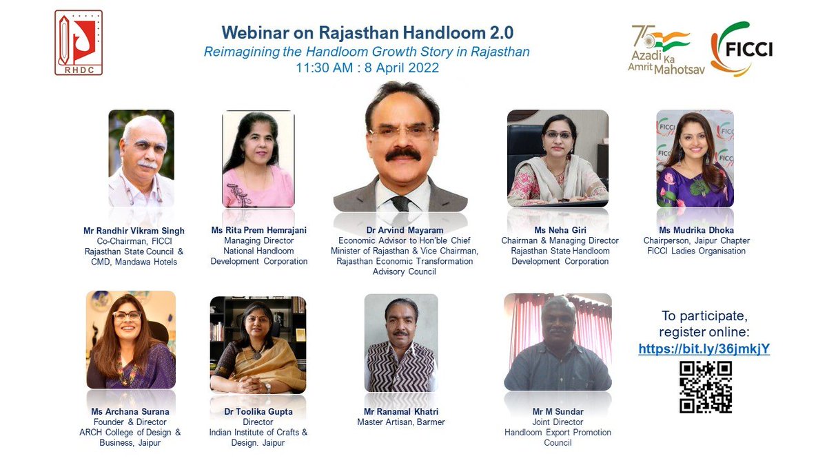 ficci_india's tweet photo. Join us for the #FICCIWebinar on Rajasthan Handloom 2.0 with the theme 'Reimagining the Handloom Growth Story in Rajasthan' being organized by RHDC &amp; FICCI on 8 April 2022 at 11:30 AM. To register, visit https://t.co/mp8Hv3Mpxk. https://t.co/IM62nkv3bo