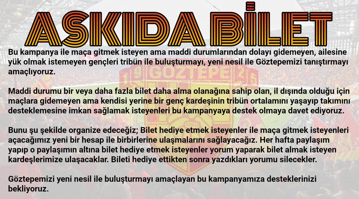 Cezalı olanlar, işi maça gelmeye engel olanlar, bu paylaşımın altına devretmek istedikleri bileti yazıp bizim için futboldan çok daha önemli olan bir haftada Şanlı Göztepe Taraftarına ulaşabilirler.