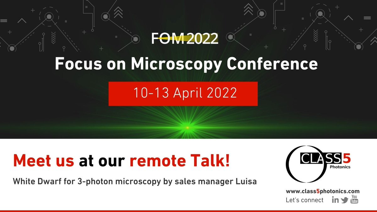 Class5Photonics's tweet photo. Are you at @FOMconferences ? Instead of being in sunny Portugal ☀️, Class 5 Photonics will join remotely from rainy Hamburg ☔️.
Learn more about our White Dwarf #OPCPA - a laser specially designed for 3-photon #microscopy presented by @LuisaClass5 on Monday afternoon. https://t.co/J2K9ZHCTHT