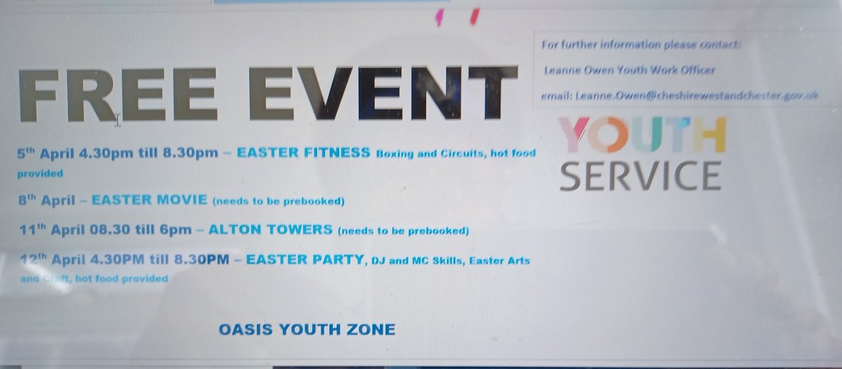 GrangeEPPol's tweet photo. Hi folks,
Still some Easter activities going on at the OASIS youth club on Coronation Road.
Alton Towers fully booked but they hope to have another in the summer.
Party on Tues includes pizza and other yummy stuff and you just turn up.
To contact Leanne just email her.#freeevents https://t.co/WYfyTO39Qu