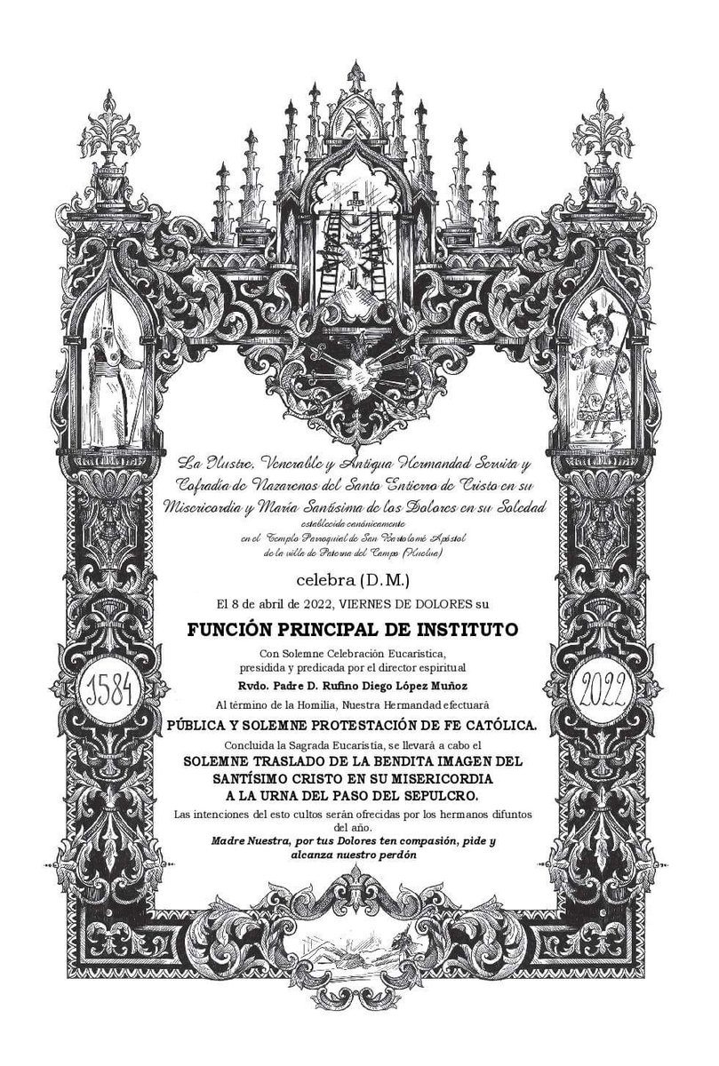Mañana Viernes de Dolores, Función Principal de instituto a las 21:00h,esta será ofrecida por todos los hermanos y devotos difuntos. Al finalizar se realizará el traslado al sepulcro del Cristo de la Misericordia y el encendido del cirio de los donantes de órganos.