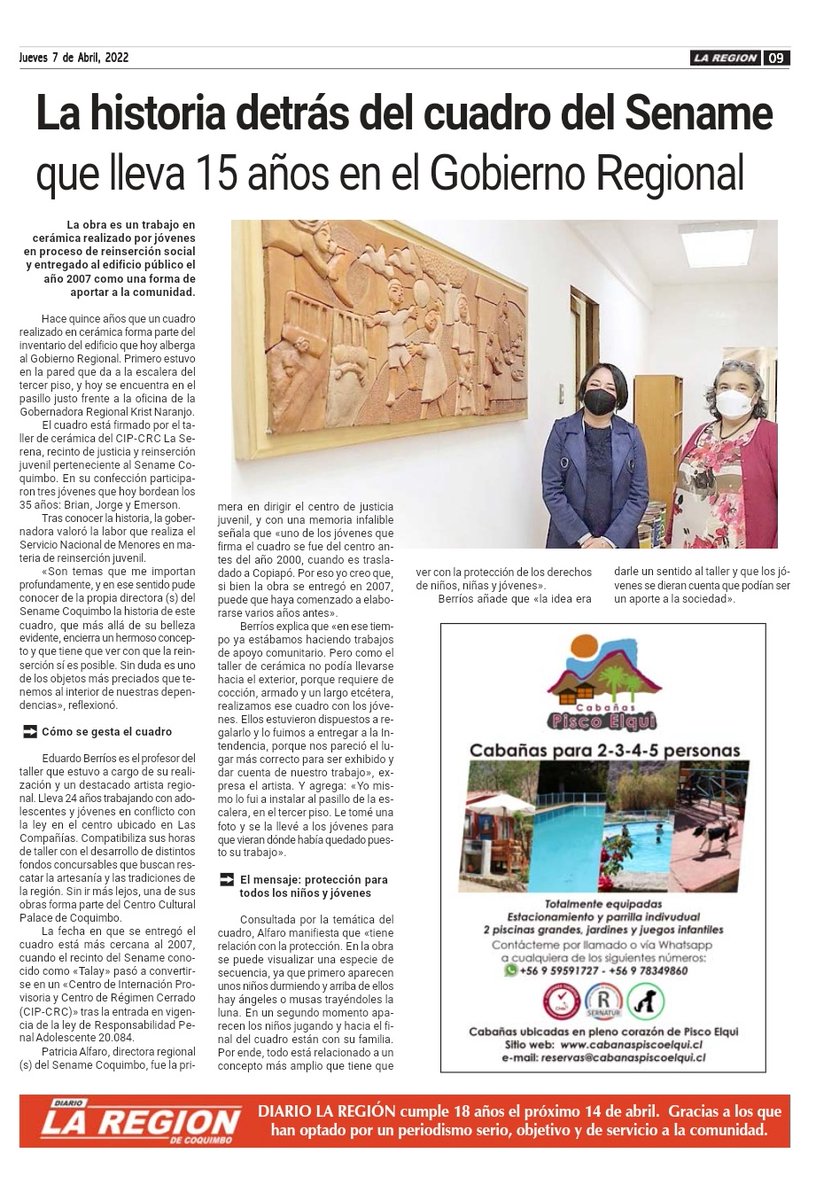📰 En su edición de hoy, <a href="/LaRegionDiario/">Diario La Región</a> destaca la historia de reinserción plasmada en en cuadro realizado por jóvenes privados de libertad del #CentroCerrado de #LaSerena que lleva 15 años en el <a href="/gorecoquimbo/">Gobierno Regional de Coquimbo</a>. La obra fue destacada por la gobernadora <a href="/KristNaranjoGob/">Krist Naranjo</a>.