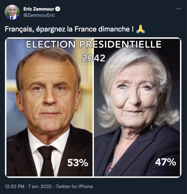 Nain_Portekoi's tweet photo. Emmanuel Macron a 44 ans.
Marine Le Pen a 53 ans.

Eric Zemmour a 63 ans.

Voilà.
Épargnez la France ne votez pas Zemmour. https://t.co/lz1Q2ovkXO