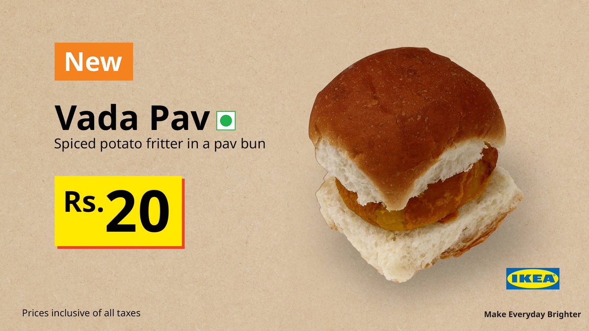 IKEAIndia's tweet photo. Mumbaichya Vada Pav is now at IKEA!
Grab a bite at our Worli, Navi Mumbai or Hyderabad stores. https://t.co/qM8wpPZhDf
#MakeEverydayBrighter https://t.co/aQWcAXaXvm