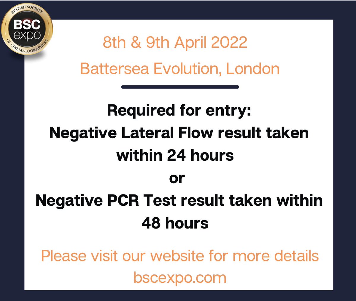 Reminder please ensure if you are attending the #BSCExpo2022 that you have tested negative in the last 24 hours for Lateral Flow or 48 hours for PCR test. Please bring proof of the test.