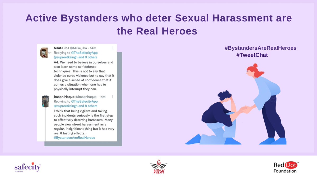 TheSafecityApp's tweet photo. Here is a recap of our tweetchat on "Active Bystanders who deter Sexual Harassment are the Real Heroes" curated by @DurgaIndia1 

#BystandersAreRealHeroes 

#antistreetharassment #StopStreetHarassment #ASHweek #sexualharassment #metoo #safecity #reddotfoundation https://t.co/BH0ImTD1OM