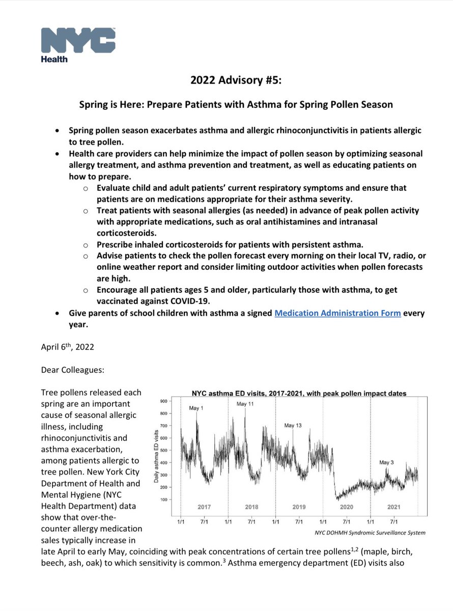 oscarmolinaMD's tweet photo. The 2022 #Spring Advisory was just released by @nycHealthy to prepare patients with Asthma for the Spring Pollen Season. https://t.co/GyqwwtwmS5