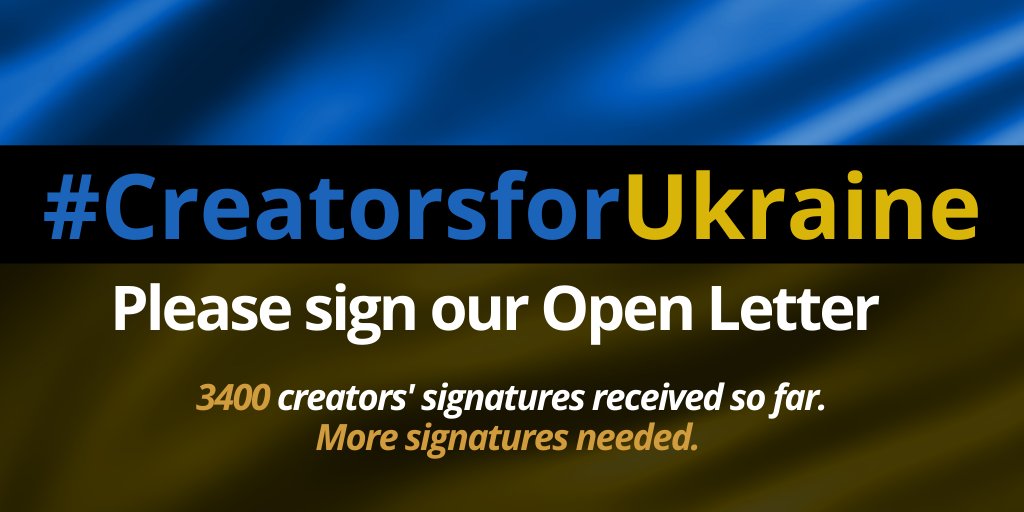3,400 creators and artists have signed an open letter of solidarity with #CreatorsForUkraine - a global initiative to raise money for victims of the war, mobilise support and promote Ukrainian culture. Please sign and share the Open Letter. 
forms.gle/YJLDGpandDGq6D…