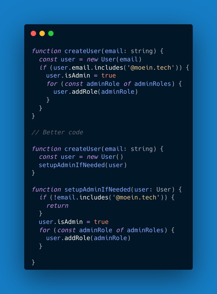 moein_tech's tweet image. #BetterCode Every level of indention in your code can be moved to a separate function. Especially if you have an if without else you can use return in your function and avoid having any login in the if.