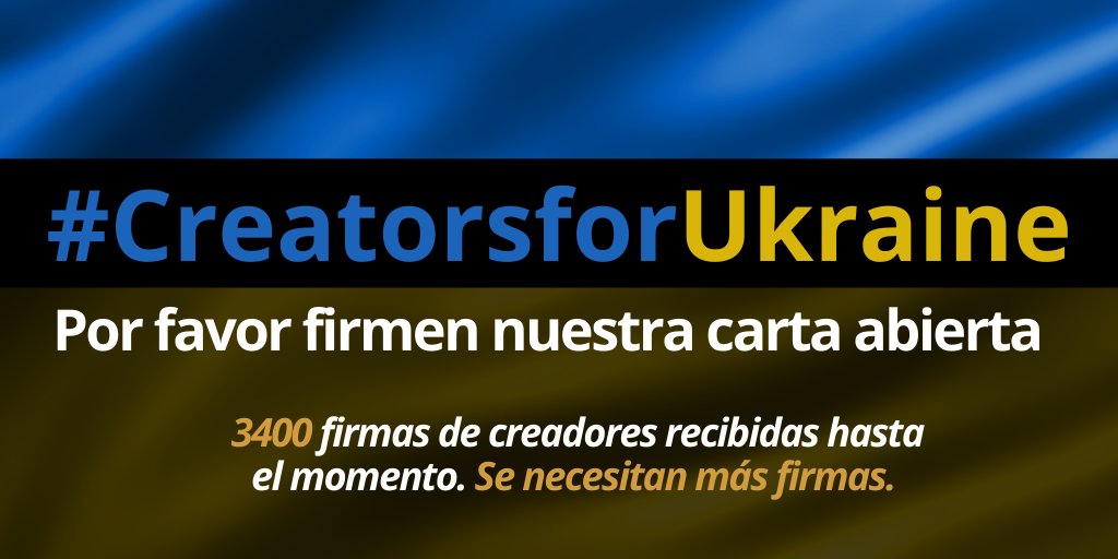 3400 creadores y artistas han firmado una carta abierta de solidaridad con #CreatorsForUkraine, una iniciativa global para recaudar fondos, movilizar apoyo y promover la cultura ucraniana. Firme y comparta la carta abierta.
forms.gle/osXcqJjR5YtNB8…
