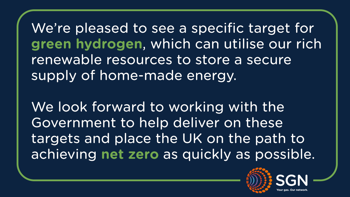 SGNgas's tweet photo. We welcome the UK Government’s decision to increase the #hydrogen production target to 10GW by 2030. We believe that hydrogen has a central role to play in our journey to net zero and can help decarbonise a number of sectors including home heating. https://t.co/7BFO1cLsCV