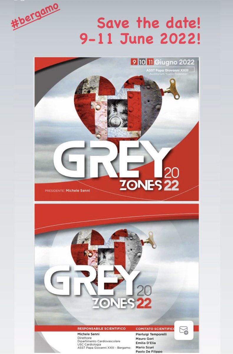 DrDEliaEmilia's tweet photo. Save the date! Grey Zone 2022 in #Bergamo! 9-11 June 2022! #GZ22 #HF #cardiotwitter @MicheleSenni @MAUROGORI74 @luigifiocca @GiuseppeGalati_ @GParati22 @MarcoMetra @MicheleEmdin @denisamuraru @giuseppemusum11 @lpbadano @antonellogavaz1 
Link here: 
https://t.co/EOZrVBnHGf https://t.co/MU8dsLhQBi