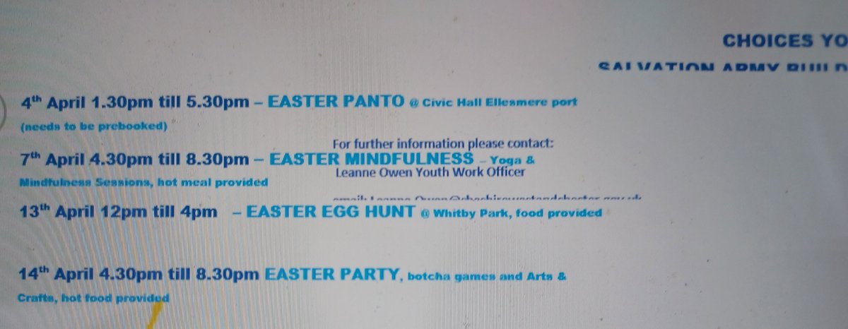 GrangeEPPol's tweet photo. Hi folks,
Some more free events at the Salvation Army community centre on Whitby Rd and you just turn up.
The Easter egg hunt on the 13th is on Whitby Park#freeevent https://t.co/aKwHQAsAlF