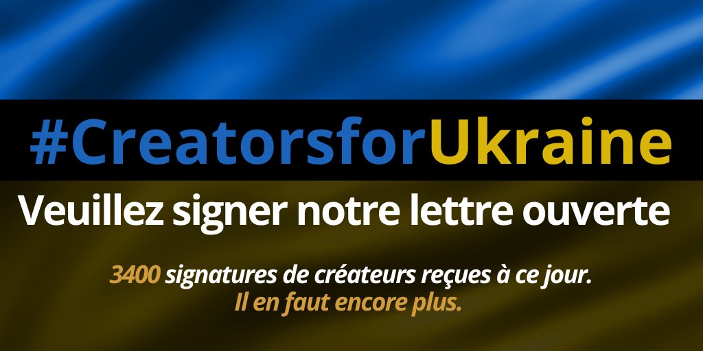 3400 créateurs et artistes ont signé une lettre ouverte de solidarité avec #CreatorsForUkraine - une initiative mondiale pour collecter des fonds, mobiliser des aides et promouvoir la culture ukrainienne. Veuillez signer et partager la lettre ouverte.
forms.gle/LjMD2HHJk7vcbb…