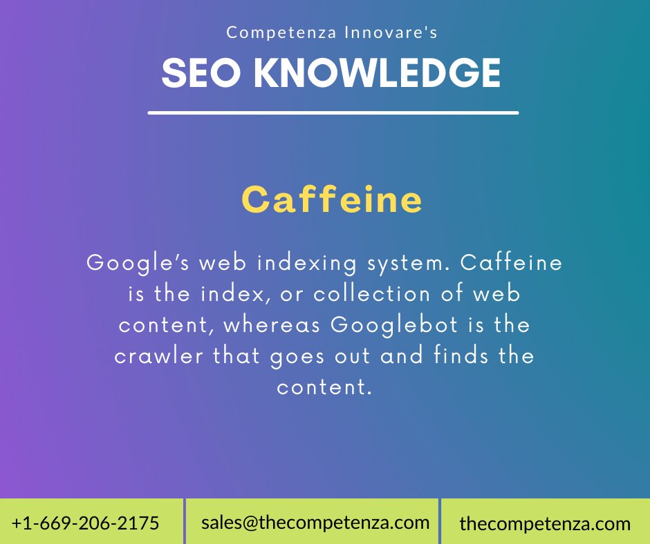 thecompetenza's tweet photo. This Week's SEO Term: Caffeine

Google’s web indexing system. Caffeine is the index, or collection of web content, whereas Googlebot is the crawler that goes out and finds the content.

#seo #learnseo #seobasic #seoterms #CompetenaInnovare #learnbasic https://t.co/lgFPhpOSVh