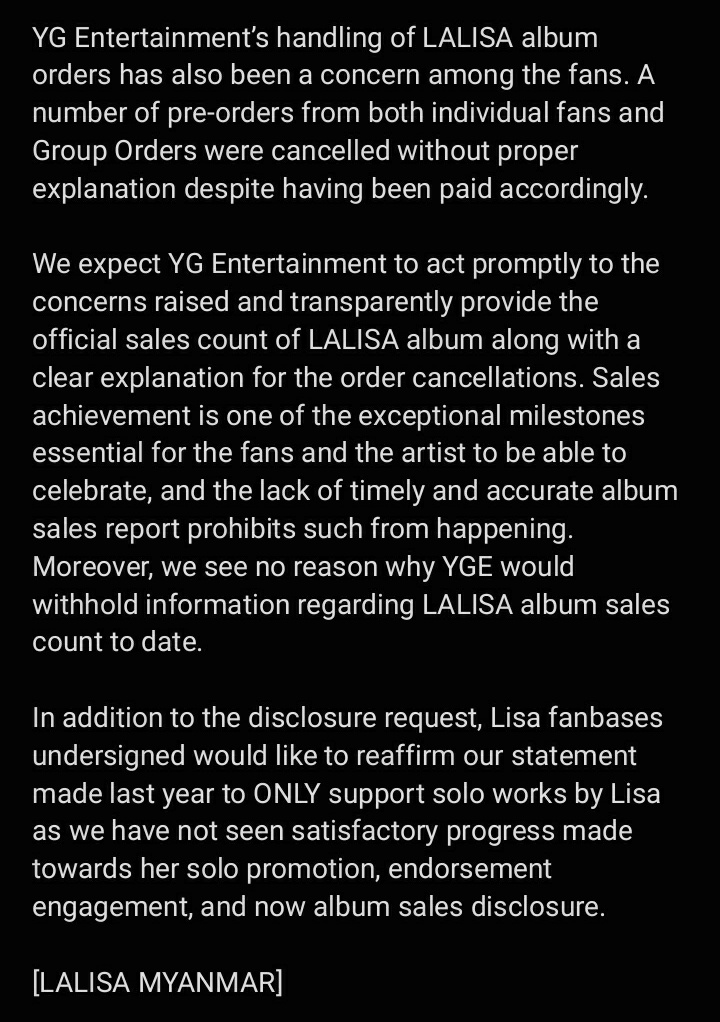 Lalisa_Myanmar's tweet photo. ON THE DISCLOSURE OF LALISA ALBUM SALES: 

This is our letter to @ygent_official regarding Lisa's album sales. ⬇️

#LISA #LALISA #YGstopHidingLisaSales https://t.co/QE2e4pPi6s