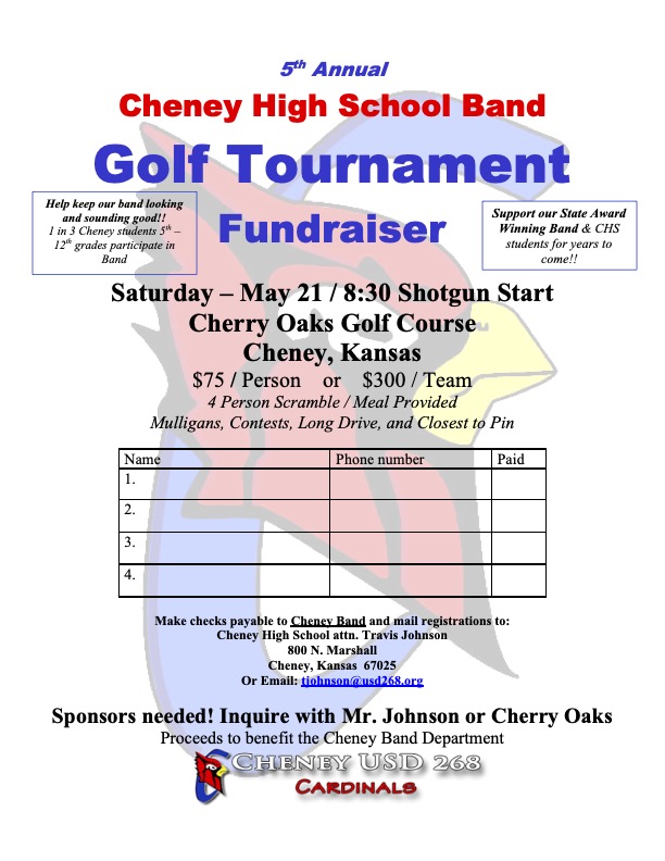 CheneyBand's tweet photo. Please consider supporting the Cheney Band by playing in our golf tournament on Saturday, May 21 at Cherry Oaks. We would love to see you there!! @CheneyCardinals https://t.co/5EJXIxxmsL