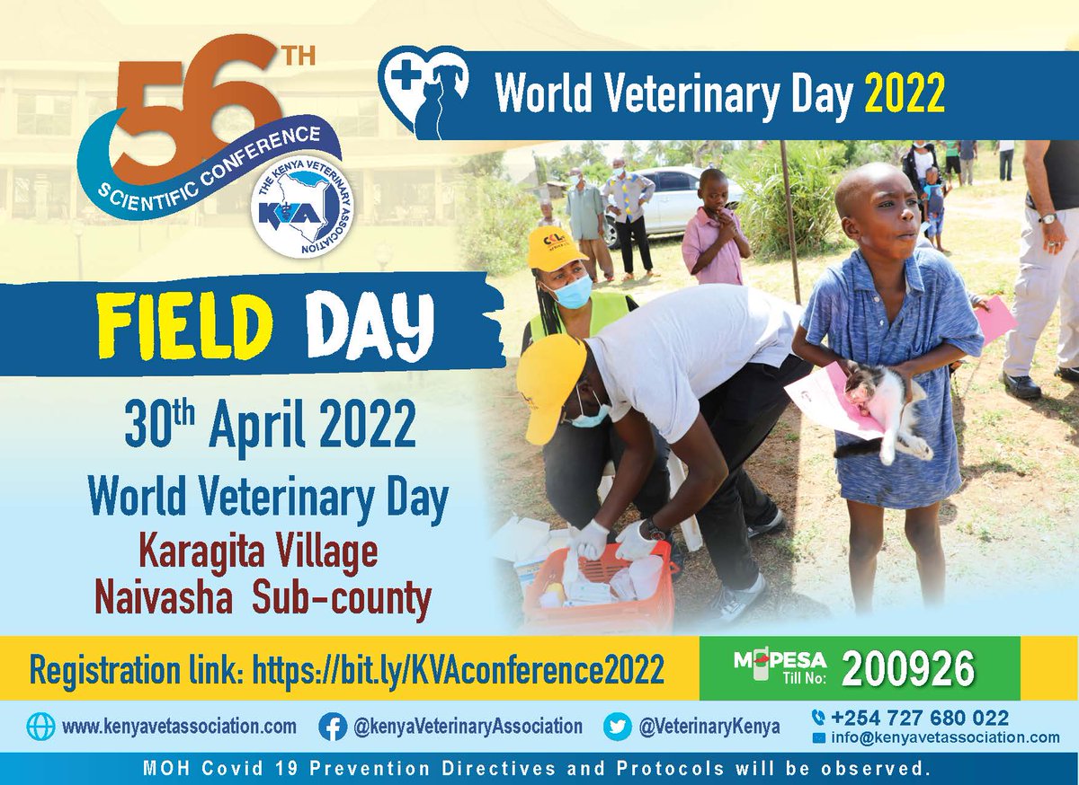Early bird registration for our 56th annual scientific conference and World Veterinary Day celebration closes tomorrow (8th April 2022). 

Book your slot today kenyavetassociation.com/kva-annual-con…

#VeterinaryResilience