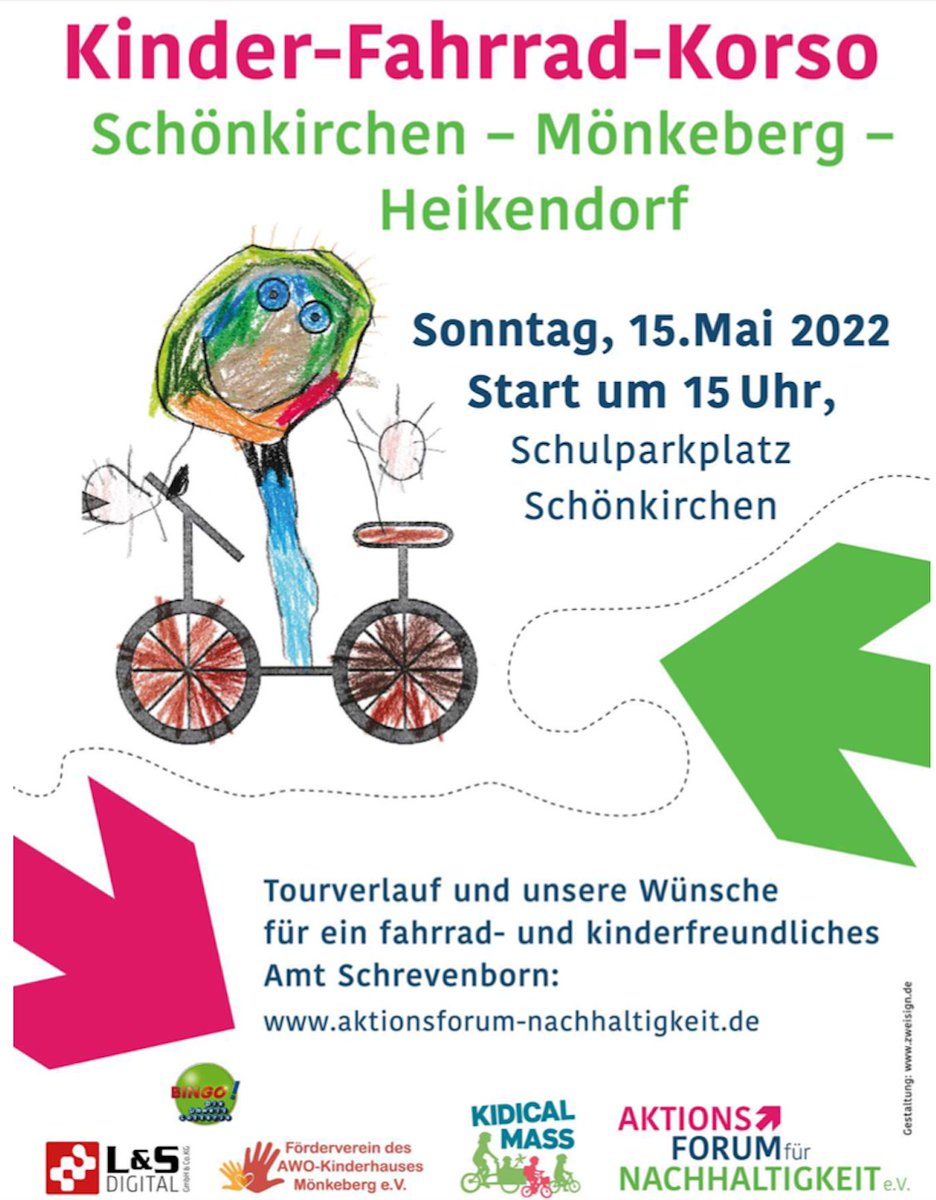 nido009's tweet photo. Der Mai wird ein Monat für kinderfreundliches Radeln!
Liebe Freunde der #kidicalmass - im Mai '22 haben wir gleich 3 Termine  in Kiel und Umland für euch im Angebot:
1.5. - 15Uhr Preetz, Markt
14.5. - Kiel
15.5. -15Uhr Schönkirchen, Schule

also macht die Räder fit! https://t.co/YpzDtqpvYE