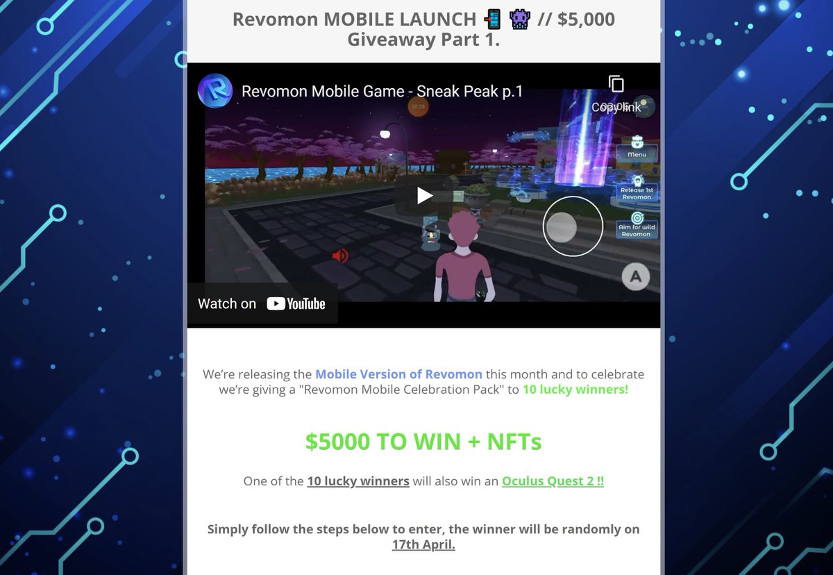 RevomonVR's tweet photo. 📢$5,000 Giveaway (pt.1) to celebrate the Revomon MOBILE LAUNCH coming on the 30th April 🚀

🎁$5,000 + NFTs + OculusQuest2

▶️Follow the steps in the contest
▶️Like &amp; RT
▶️Tag 2 friends 

Let's go ! 🔥
https://t.co/N0oqHxlwmS https://t.co/KezdXx21m6