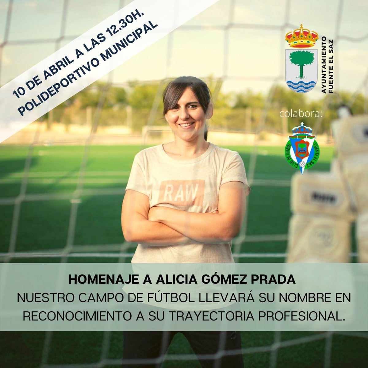aytofuentelsaz's tweet photo. D. 10/04. 12.30h. @ali_gomez22 recibirá un homenaje por su carrera deportiva y realizará el saque de honor en el partido del primer equipo del @cffsaz contra el C.D. Meco a las 13:15 #vamosfuente
#eligeelcaminodelaigualdad
#fuentelsazenpositivo
#deportefsaz https://t.co/uyZaaRXOSy