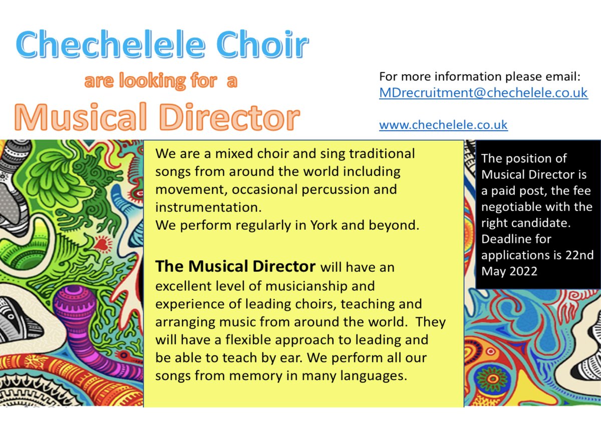 EXCITING TIMES FOR CHECHELELE! We are recruiting a Musical Director!  Please Share/RT far and wide to anyone who might be interested. @NatVoiceNetwork <a href="/PaulaRyanMusic/">Paula Ryan</a> <a href="/ReenStuartPhoto/">ReenStuartPhotograph</a> <a href="/natacha_dauphin/">NatachaDauphin</a> <a href="/AndyDAgorne/">Andy D'Agorne</a> #world #music #choir #York #singing #teaching #looking #forward