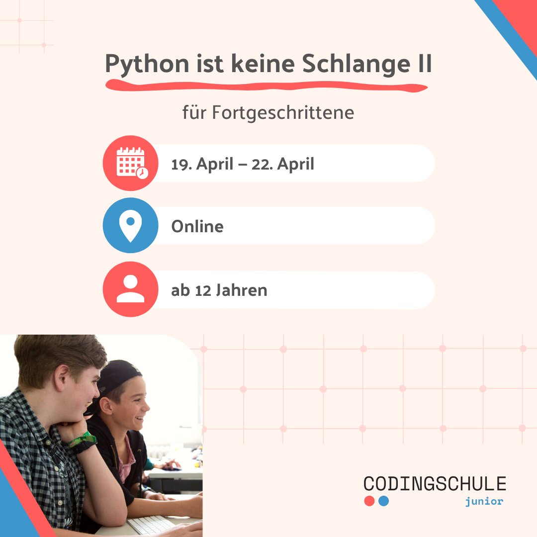 CodingschuleJr's tweet photo. Lerne im zdi-Netzwerk im Kreis Warendorf vertiefende Programmiertechniken kennen, wie die objektorientierte Programmierung, mit der viele komplexe und professionelle Programme entwickelt werden. 💻
Melde dich hier an: https://t.co/X3JwADuE42 https://t.co/IXk4EZTWKX