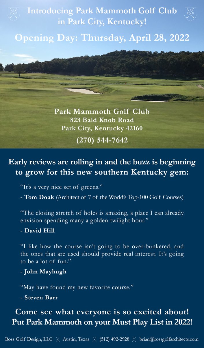 brianrossgolf's tweet photo. Excited to announce the Grand Opening of Park Mammoth Golf Club on April 28, 2022! It's been a long time coming and I can't wait for you all to see it! #parkmammoth https://t.co/6lROdahAw5