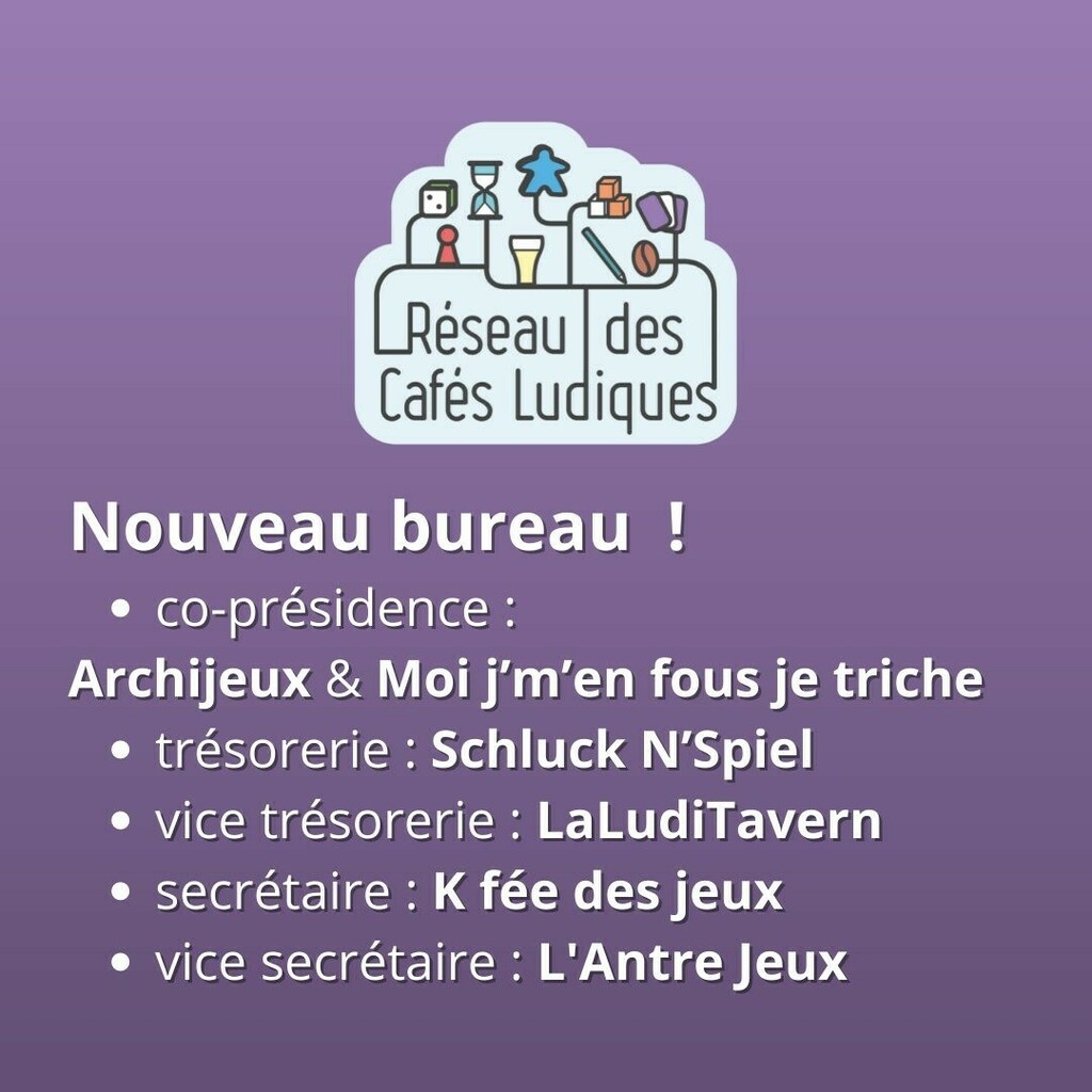 Les membres du CA se sont réunis aujourd'hui pour élire le nouveau bureau:

👑 co-présidence : 
Archijeux &amp; Moi j’m’en fous je triche 

💰 trésorerie : Schluck N’Spiel 
💰 vice trésorerie : LaLudiTavern

✍️ secrétaire : K fée des jeux
✍️ vice secrétaire : L'Antre Jeux